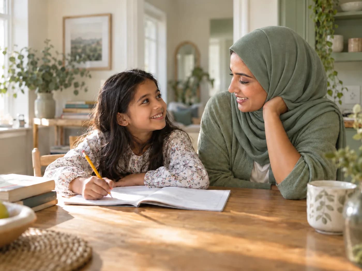 A mother wearing a sage hijab enjoying a moment of learning with her daughter at home