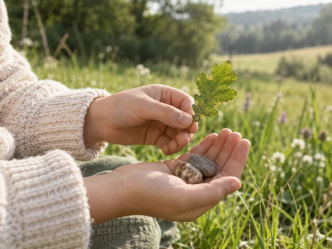 Children exploring leaves and natural treasures together outdoors